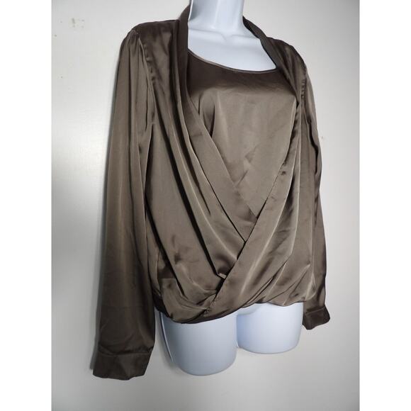 Linea By Louis Dell'Olio Medium Blouse Drapeneck Crossover Faux Tan Silky Taupe - Picture 3 of 12